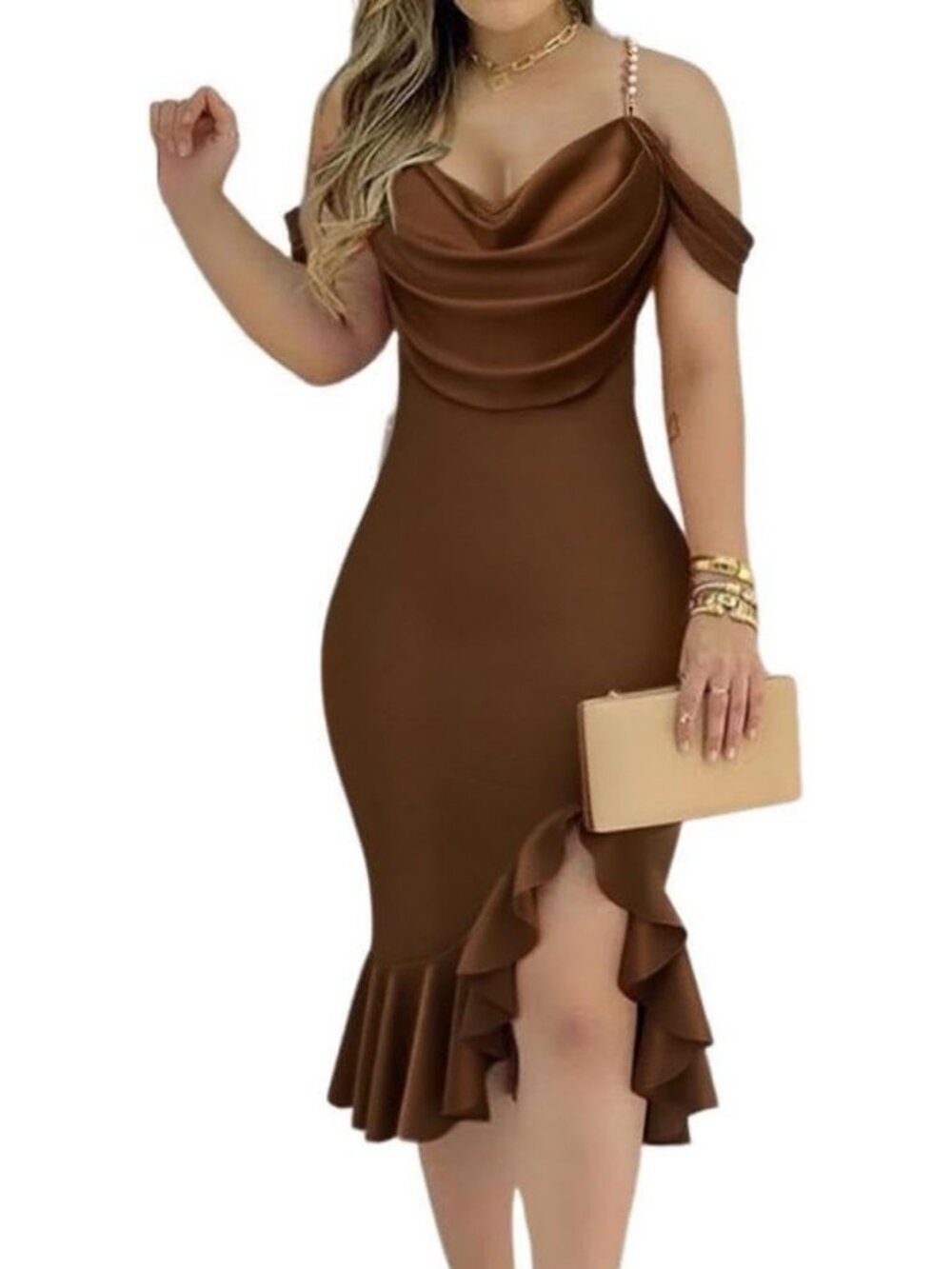 Women Brown Bodycon Off The Shoulder Pearls Strap Ruffle Hem Cocktail Midi Dress